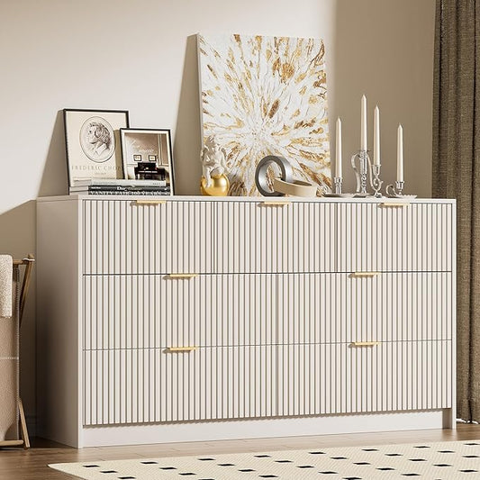 Beige Dresser for Bedroom, Modern Dresser with 7 Drawers and Smooth Slides, Wide Chest of Drawers with Golden Handles for Bedroom, Living Room, Closet, 15.7" D x 55.1" W x 31.4" H