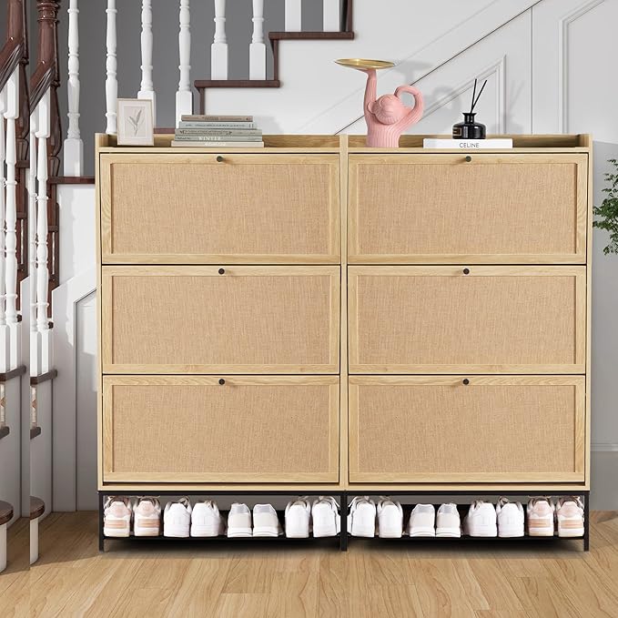 LEVNARY Shoe Cabinet for Entryway, Slim Shoe Cabinet with 3 Flip Drawers Narrow Shoe Storage Cabinet, 4 Tier Freestanding Shoe Organizer for Entryway, Hallway (2, Natural Oak)