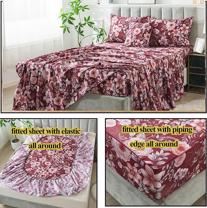 FADFAY Floral Sheets Set King Vintage Red Floral Bedding Shabby Pink Rose Elegant Peony Sheets Rustic Farmhouse Bedding 800 Thread Count 100% Egyptian Cotton Deep Pocket Fitted Sheet 4Pcs, King Size