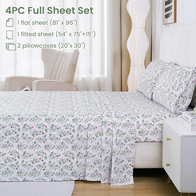 Softan Vintage Floral Full Bed Sheets, Cozy Microfiber Flower Printed Sheets with 15" Deep Pocket Fitted Sheet & Non-Slip Straps, Patterned Botanical Wildflower Sheets & Pillowcase Set