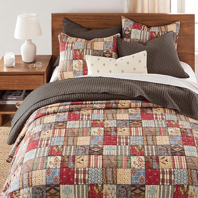 Levtex Home Cross Stitch Reversible King/Cal King Quilt Set (106x92in) with 2 Pillow Shams (36x20in) - Stitch Texture - Cocoa - Cotton King Size Quilt Bedding Set - Lightweight, Soft, Pre-Washed