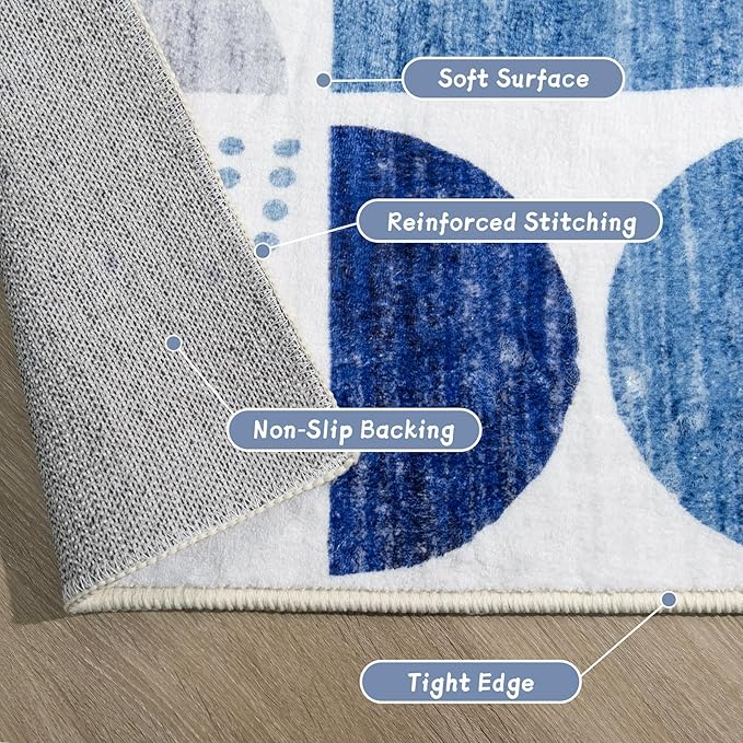 MUJOO Round Rug 4ft,Small Circle Area Rug Washable,Circular Rugs for Entryway Bedroom Kitchen,Boho Non Slip Throw Floor Carpet Modern Abstract Navy Blue