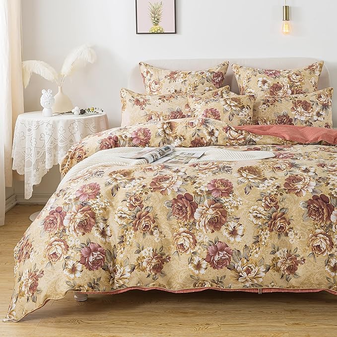 FADFAY Duvet Cover Sets Queen Tan Peony Floral Bedding Shabby Brown Flower Comforter Cover Set Vintage Farmhouse Bedding 100% Cotton Soft Quilt Cover with Hidden Zipper Closure 3 Pieces, Queen Size