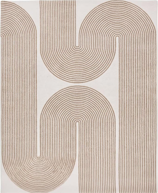 Modern Handmade Wool Area Rug, Abstract Curved Line Geometric Indoor Carpet for Living Room Bedroom, Contemporary Tufted Rug with Soft Pile and Cotton Backing (Sand Beige, 10' x 14')