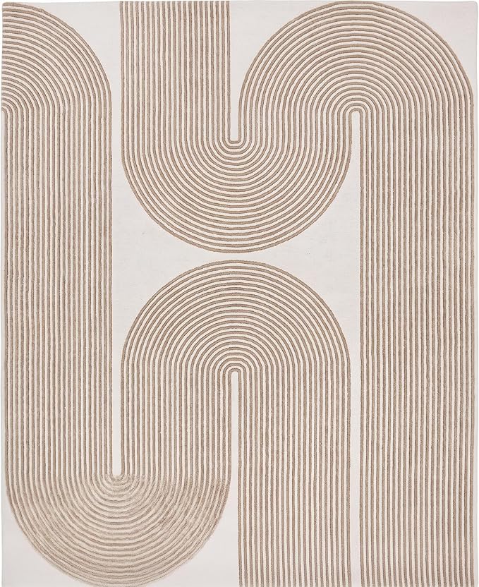 Modern Handmade Wool Area Rug, Abstract Curved Line Geometric Indoor Carpet for Living Room Bedroom, Contemporary Tufted Rug with Soft Pile and Cotton Backing (Sand Beige, 8' x 12')