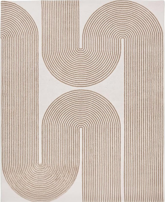 Modern Handmade Wool Area Rug, Abstract Curved Line Geometric Indoor Carpet for Living Room Bedroom, Contemporary Tufted Rug with Soft Pile and Cotton Backing (Sand Beige, 8' x 12')