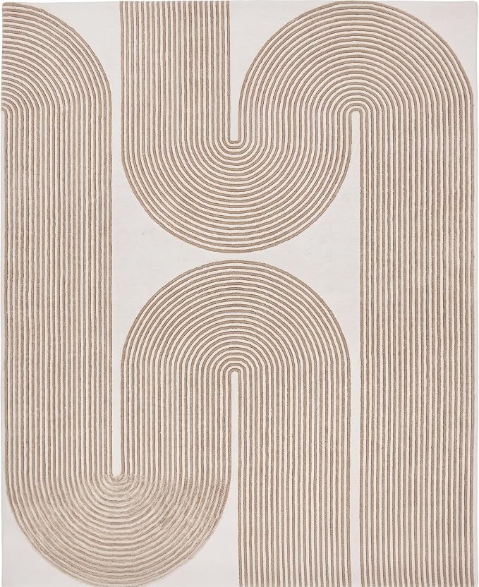 Modern Handmade Wool Area Rug, Abstract Curved Line Geometric Indoor Carpet for Living Room Bedroom, Contemporary Tufted Rug with Soft Pile and Cotton Backing (Sand Beige, 5' x 8')