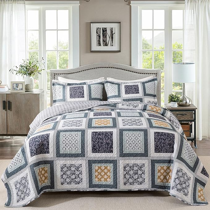 HoneiLife Queen Quilt Bedding Set - 3 Pieces Microfiber Quilt Sets Lightweight Bedspreads Reversible Coverlets Rustic Bed Cover Floral Bedding Set All Season Quilts-Grey