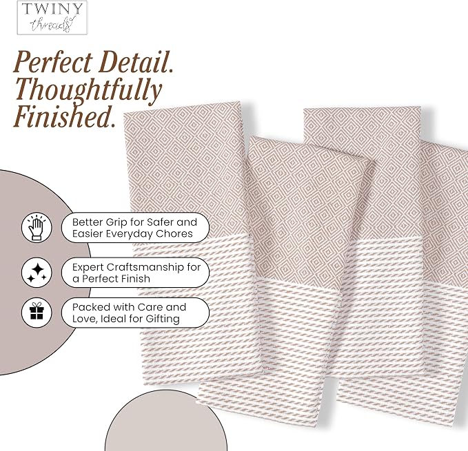 TWINY threads Kitchen Dish Towel Diamond Weave, Large Premium 100% Cotton Kitchen Linen Set, Absorbent Dish Rags for Drying Dishes, Quick Drying Washable Reusable, 4 Pack, 18x26 Inch, Beige