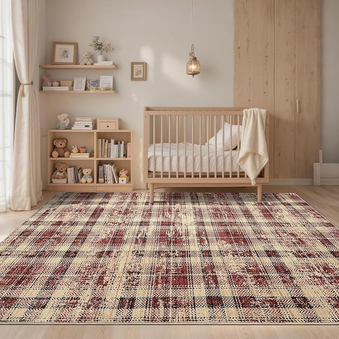 Washable Rugs 9x12 Rug for Living Room Christmas Bedroom Rug Modern Plaid Area Rug Soft Carpet for Dining Room Nursery 9'x12' Red