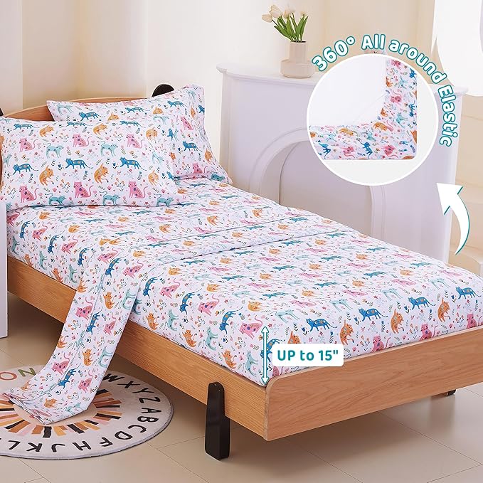 Viviland 4 Pieces Girls Pink Cat Full Sheet Set - Soft Microfiber Fitted Flat Sheets & Pillowcase - Kids Colorful Floral Leaf Print Bedding Sets - for Kids & Toddlers