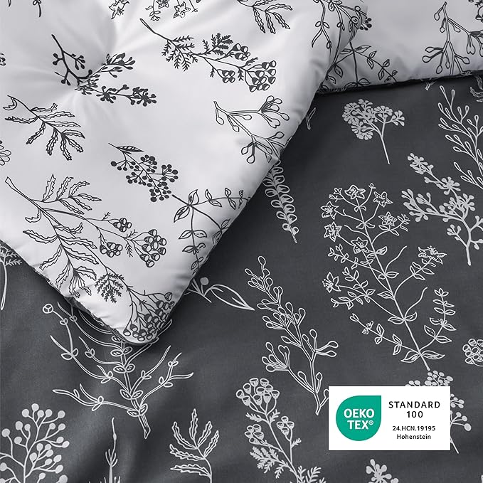 Bedsure Twin/Twin XL Comforter Set - Dark Grey Bed Set, 2 Pieces Cute Floral Bedding, 1 Soft Reversible Botanical Flowers Comforter and 1 Pillow Sham