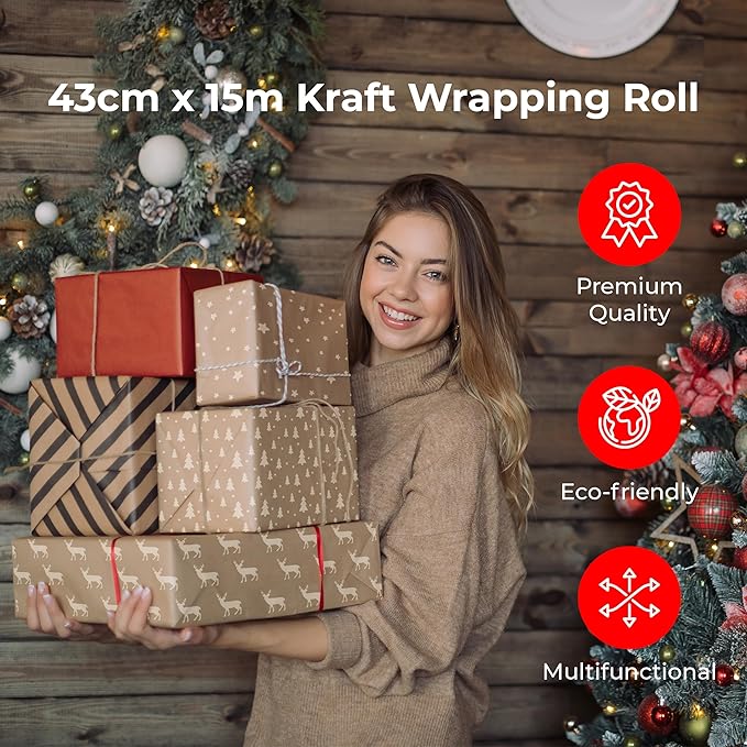 volila Brown Paper Roll 17.5 inch x 50 feet - Stars Kraft Paper Roll for Gift Wrapping Flower Boquet Craft Supplies - Brown Wrapping Paper for Moving Packing Paper