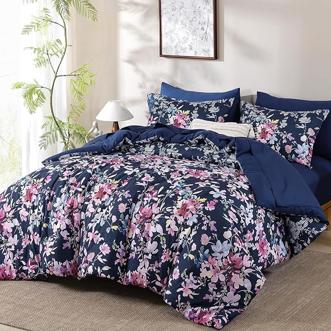 Dobuyly King Size Comforter Set, 7 Pieces Navy Blue Floral Comforter Set, Bed in a Bag King with Botanical Flowers Pattern, All Season Farmhouse Bedding Set with Sheets, Pillowcases & Shams