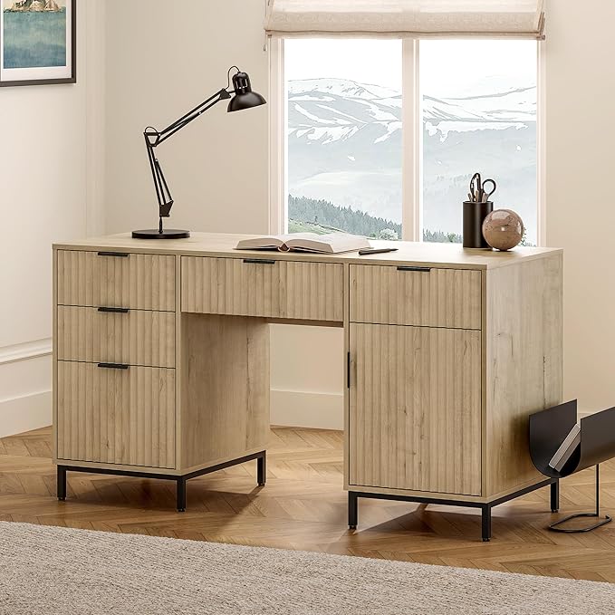 55" Fluted Executive Desk, Modern Wood Home Office Desk with Charging Station, Keyboard Tray, File Drawer, Storage Cabinet for Work Study Writing Desk, Light Oak