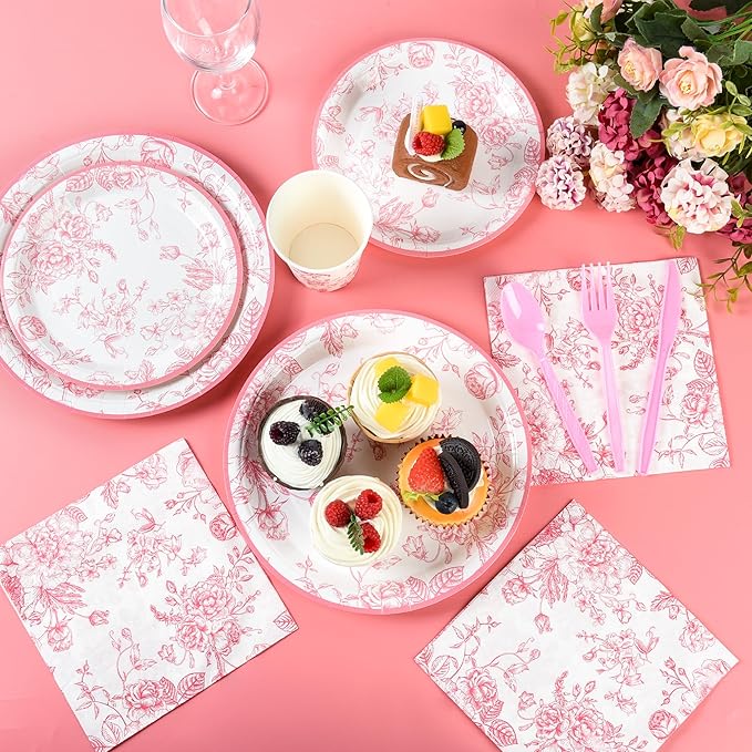 175Pcs Pink Floral Paper Plates and Napkins 25 Guests Pink White Toile Chinoiserie Party Supplies Set Include Plates Napkins Cups Spoons Forks Knives for Christmas Birthday Wedding Mother's Day