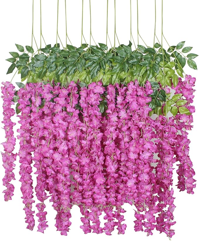 Duovlo 12 Piece Artificial Silk Wisteria Vine 3.6 Feet Ratta Hanging Flower Garland String Home Party Wedding Decor (New Rose Red)