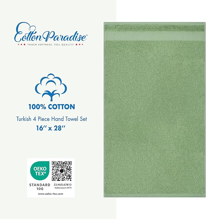 Cotton Paradise 100% Cotton Turkish Towel Set, Soft Absorbent Quick Dry, 4 Piece Hand Towel Set, Sage Green