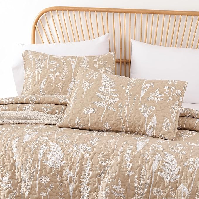 JANZAA Quilts Queen Size Taupe Quilt Botanical with Floral Pattern Microfiber Bedspreads Queen Size 3 Pieces Lightweight Comforter Reversible Bedding Set with 2 Pillow Cases