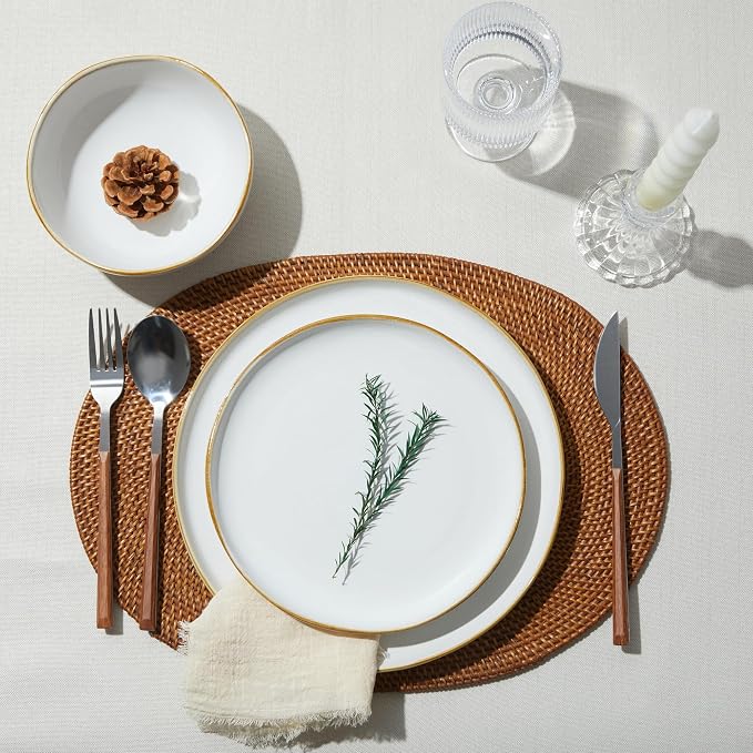 Pokini 24 Piece White Ceramic Plates and Bowls Sets for 8, Reactive Glaze Stoneware with Coastal‑Line Look | Ideal for Holiday Entertaining, Thanksgiving, and Large Family Meals