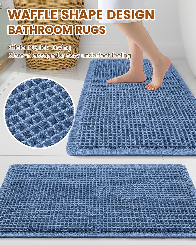 Smiry Waffle Bath Mat 60x24, Extra Soft Absorbent Bathroom Rugs, Non Slip Machine Washable Quick Dry Bath Rugs for Bathroom Floor, Tub, Shower, Home Decor Accessories, Blue