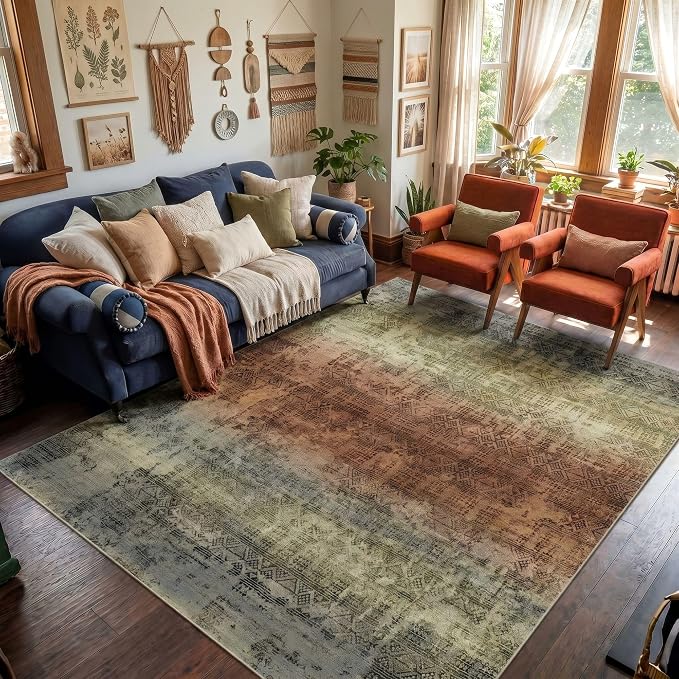 Kokia Abstract Area Rugs 8x10 Bedroom Soft Living Room Rugs Washable Distressed Vintage Comfy Carpet with Non-Slip Backing for Farmhouse Home Office Room Decor, Warm Brown and Dark Sage Green