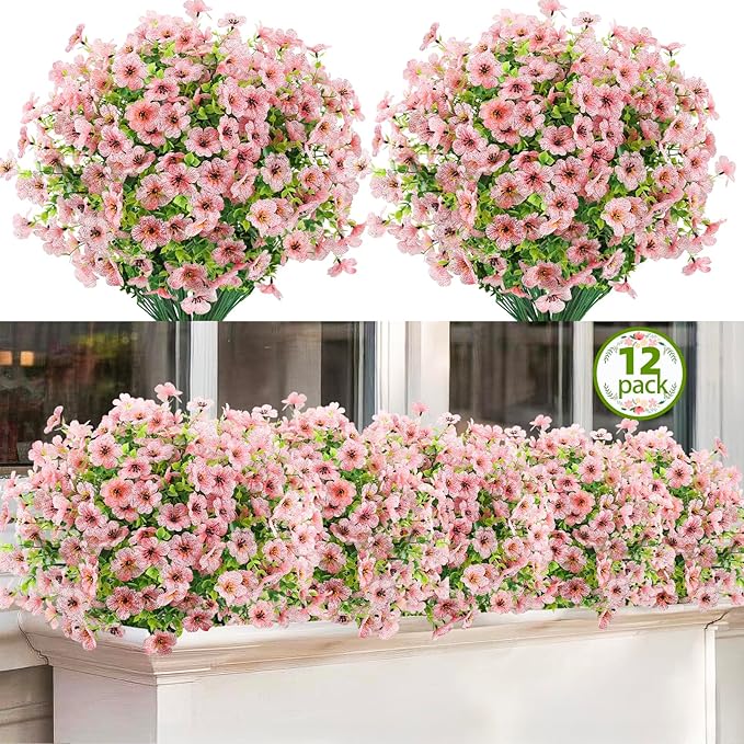 Artificial Flowers Outdoor Faux Plants UV Resistant Fake Patio Flowers Plastic Greenery Plnats Outside Bulk for Spring Garden Hanging Planter Home Vase Decor, 12 Bundles (Pink)