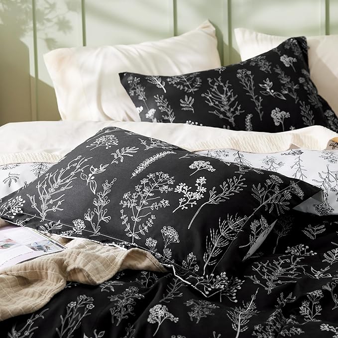 Bedsure Duvet Cover Queen Size - Reversible Black Queen Duvet Cover Set with Zipper Closure, 3 Pieces Floral Patterned Bedding Set with 8 Corner Ties and 2 Pillow Shams