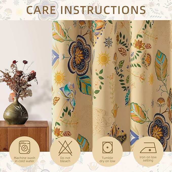 XiDi Beige Floral Curtains 90 Inches Long 2 Panels Vintage Patterned Blackout Curtains for Bedroom Living Room Thermal Insulated Grommet Rustic Luxury Colorful Botanical Flower Printed Drapes 52x90