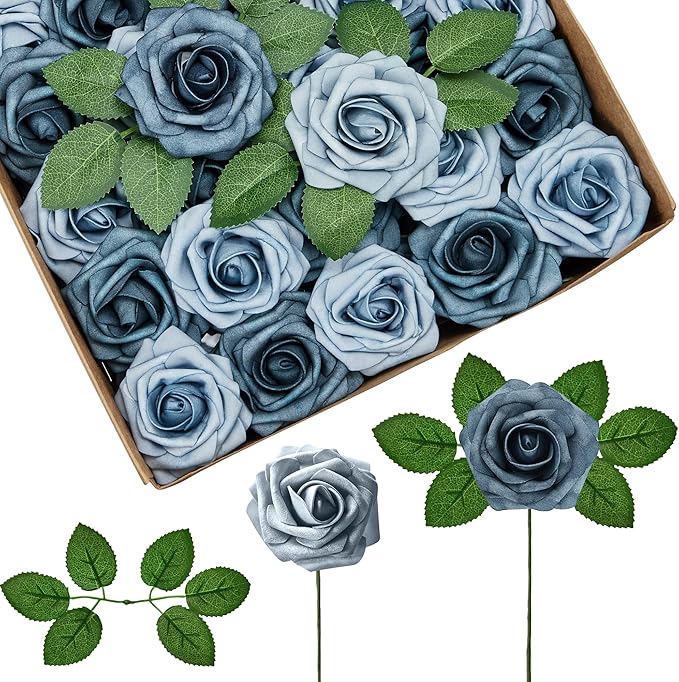 InnoGear Artificial Flowers, 50 Pcs Dusty Blue Shades Foam Fake Roses Bulk with Stems for Decoration DIY Wedding Bouquets Centerpieces Bridal Shower Party Christmas Tree