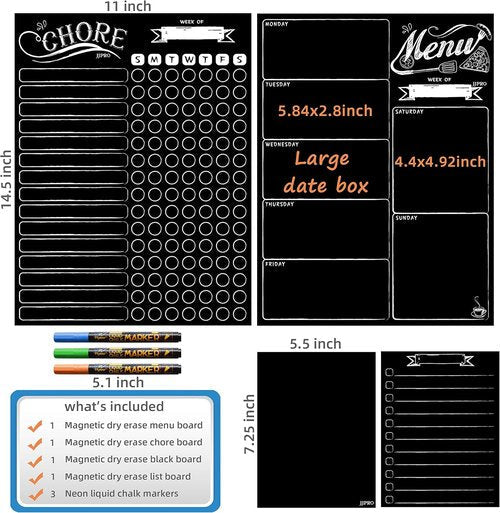 JJPRO Magnetic Chalkboard Reward Chore Chart | Weekly Meal Planner with Bonus Grocery List & Notepad