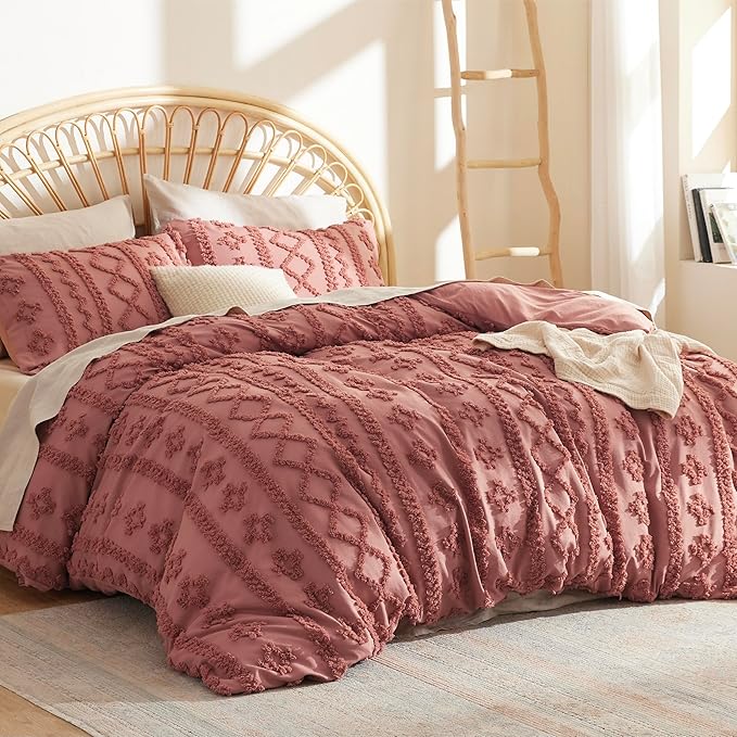 Bedsure Boho Duvet Cover Queen Size, Soft & Comfortable Elegant Design Boho Bedding for Decoration, Machine Washable Comforter Cover for All Seasons,Includes 1 Duvet Cover & 2 Pillow Shams,Pink