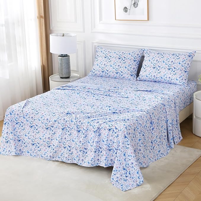 Softan Twin Floral Sheets, Microfiber Blue Flower Printed Fitted Sheets with Non-Slip Corner Straps and 15" Deep Pocket, Butterfly Patterned Cozy Bed Sheets, Single Sheets & Pillowcase Sets