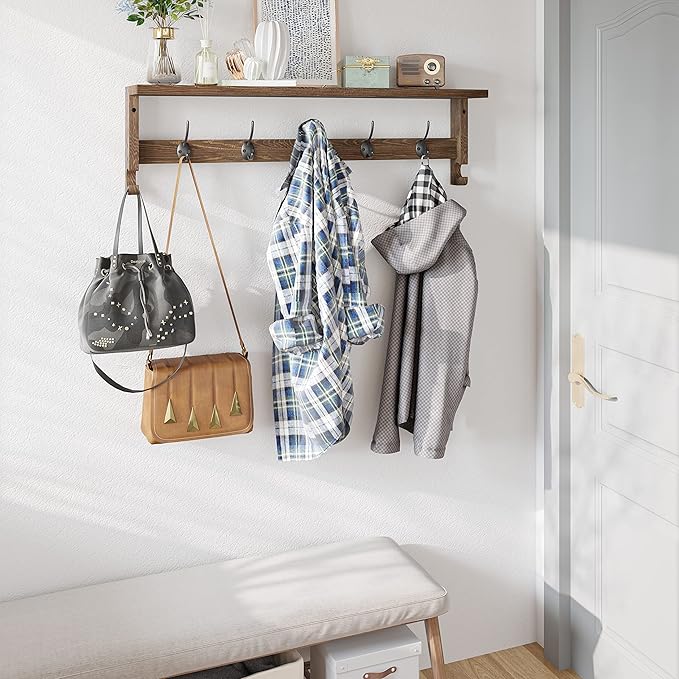 AMBIRD Coat Rack Wall Mount with Shelf, 28.9 Inches Coat Hooks Wall Mounted with 5 Hooks, Wall Hat Hooks for Hanging in Entryway, Living Room, Bathroom, Bedroom (Brown)