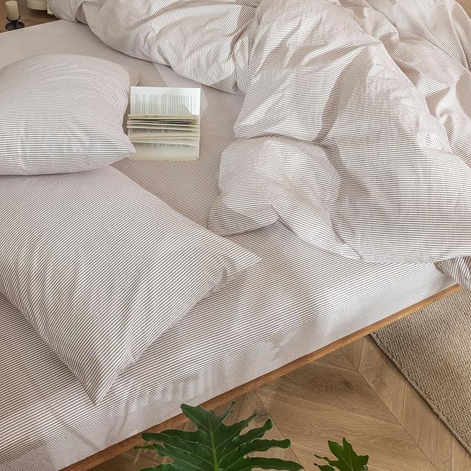 MooMee Striped Duvet Cover Set 100% Washed Cotton Linen Like Textured Breathable Durable Soft Comfy (Orange Pinstripes, Queen 90"x90")