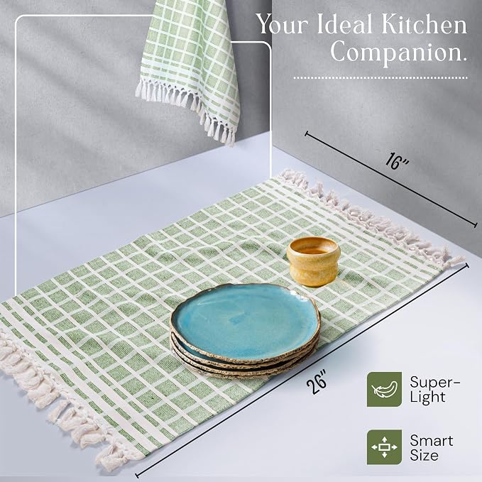 Matrix Dobby Kitchen Towels 4 Pack 100% Cotton, 16x26 Inches, Fast Drying, Absorbent Dish Towels with Handmade Tassels, Reusable Cleaning Cloths for Daily Use - Mint Green, White