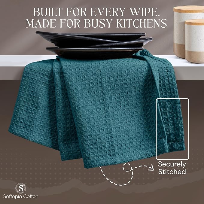 Teal Green Kitchen Towels – Waffle Weave, 100% Cotton, Soft & Absorbent, Fast Dry, Durable, 16x26 Inches, Perfect for Dish Drying, Bar, Cleaning, and Everyday Use, Set of 12, Teal