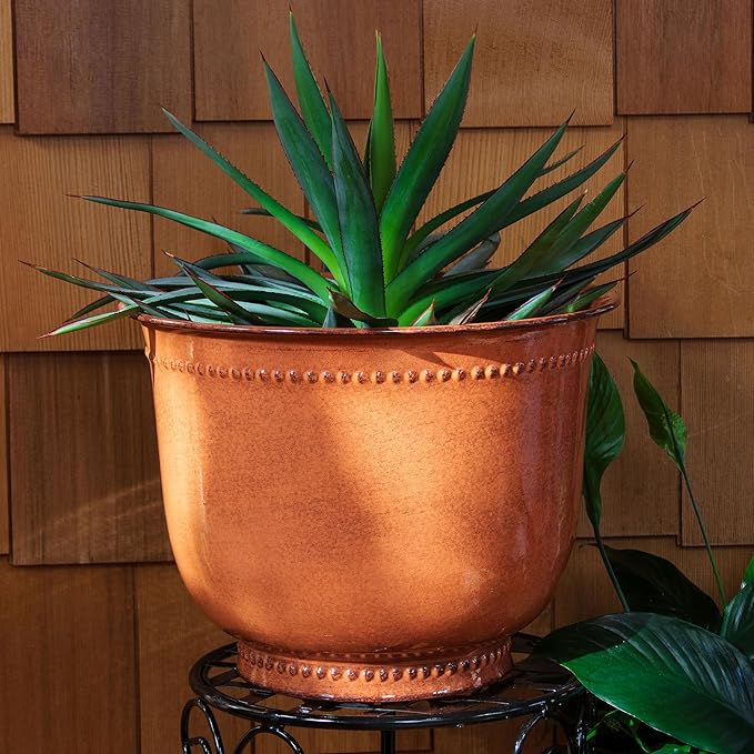Sunnydaze Michael 14.5" Metal Outdoor Plant Pot Set with Drainage Holes and Rubber Plugs - Chestnut Glaze - Set of 4