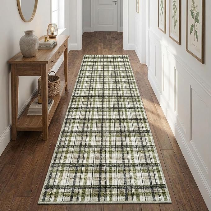 2x10 Runner Rug Bathroom Rugs Non Slip Machine Washable Hallway Rug Modern Soft Non-Shedding Kitchen Runners for Bathroom Bedroom Entryway Nursery, Green&Taupe