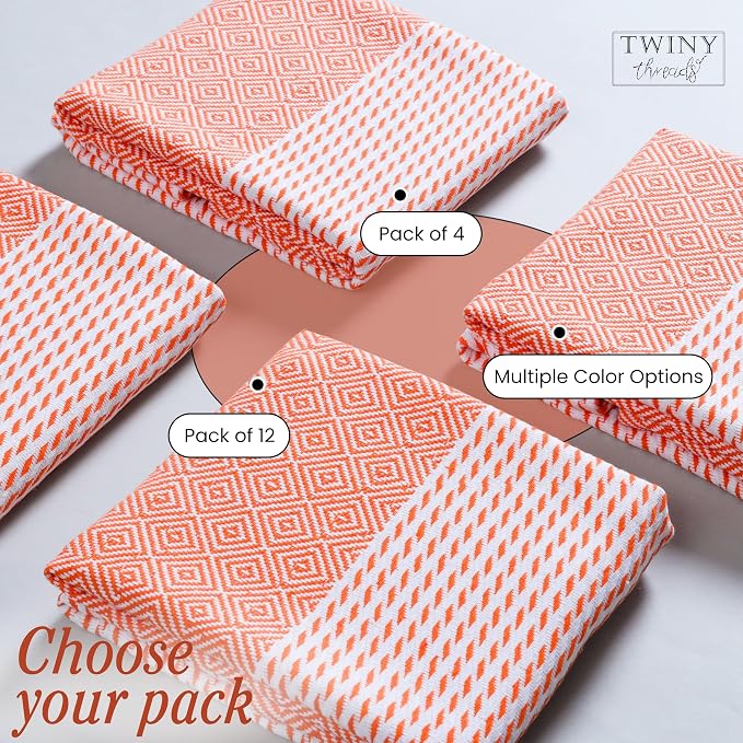 TWINY threads Dish Towel Diamond Weave, 4 Pack, Premium 100% Cotton Kitchen Linen Set, Large Dish Rags and Wash Rags, Absorbent Quick Drying, Machine Washable Dishcloth Set, 18"x26", Orange