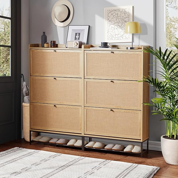 LEVNARY Shoe Cabinet for Entryway, Slim Shoe Cabinet with 3 Flip Drawers Narrow Shoe Storage Cabinet, 4 Tier Freestanding Shoe Organizer for Entryway, Hallway (2, Natural Oak)