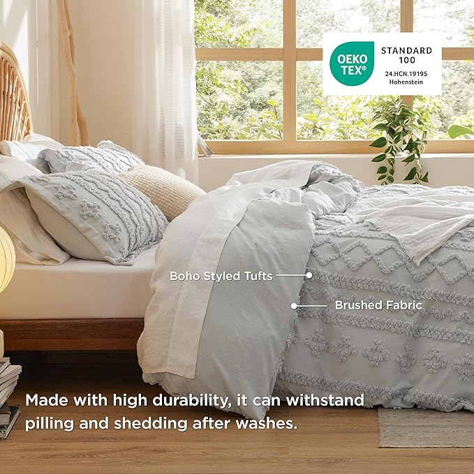 Bedsure Boho Duvet Cover King Size, Soft & Comfortable Elegant Design Boho Bedding for Decoration, Machine Washable Comforter Cover for All Seasons,Includes 1 Duvet Cover & 2 Pillow Shams,Light Grey