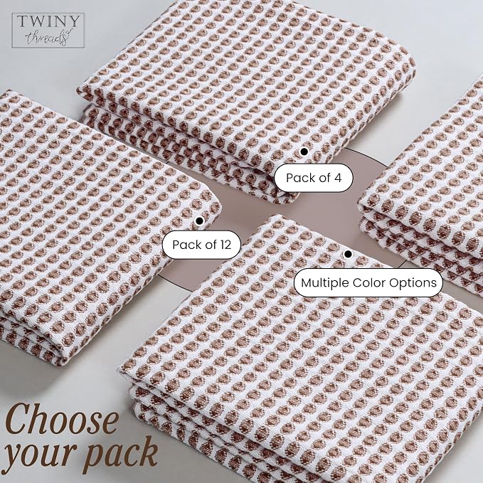 TWINY threads 4 Pack Honeycomb Circle Waffle Dish Towels 16x26 Inches, 100% Cotton, Durable, Thick, Waffle Weave Tea Towels, Great for Handling Hot Pots, Heavy Cleaning, Brown