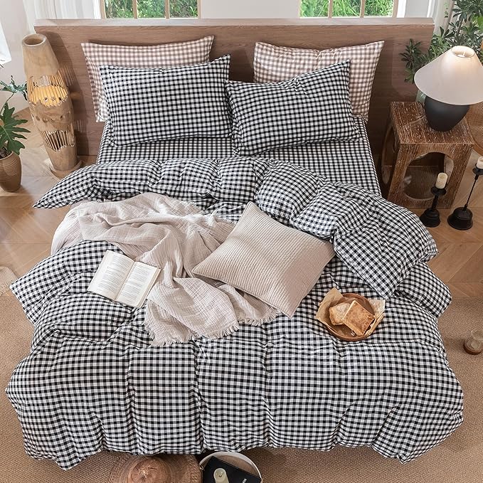 MooMee Gingham Duvet Cover Set 100% Washed Cotton Linen Like Textured Breathable Durable Soft Comfy Modern Checkered Design (Black White Gingham, Super King 108"x98")