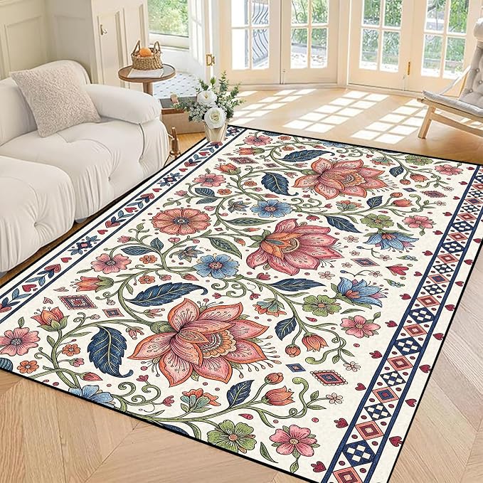 4'x6' Boho Floral Area Rug Vintage Colorful Botanical Carpet Non-Slip Washable Rugs for Bedroom Living Room Nursery Kitchen Playroom Home Decor