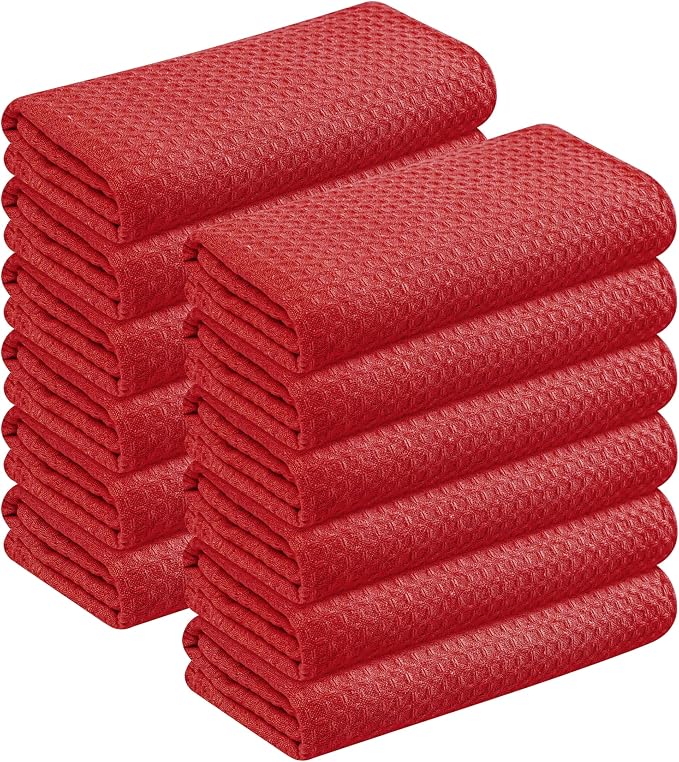 Red Waffle Kitchen Dish Towels, 100% Cotton, Quick Dry, Super Absorbent, Soft, Lint-Free, 16x26 Inches - Ideal for Dish Drying, Bar, Tea, Cleaning, and Everyday Use, 12 Pack