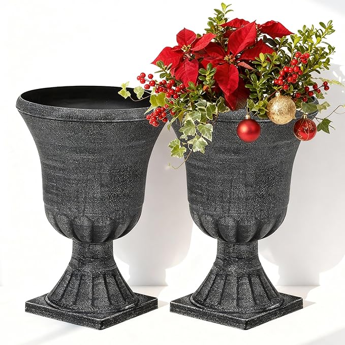 22" Large Urn Planters (Set of 2), Handmade Washed Black Plastic Flower Pots, Weatherproof for Porch, Garden, Patio or Home Décor