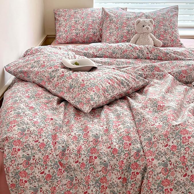 Girl Duvet Cover Twin Pink Floral Bedding Set - Shabby Chic Boho Cotton Coquette Duvet Cover Set Twin Size - Comforter Cover with Zipper Ties,3 Piece Bed Set(1 Duvet Cover 68"x86" and 2 Pillow Shams)