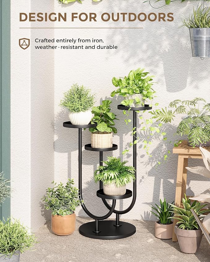 Bamworld Upgraded Outdoor Plant Stand Metal Plant Stand Indoor Corner Plant Stands 4 Pots Plant Shelf for Tall Plant Holder Black Plant Shelves for Living Room Bedroom Midcentury Modern Home Decor