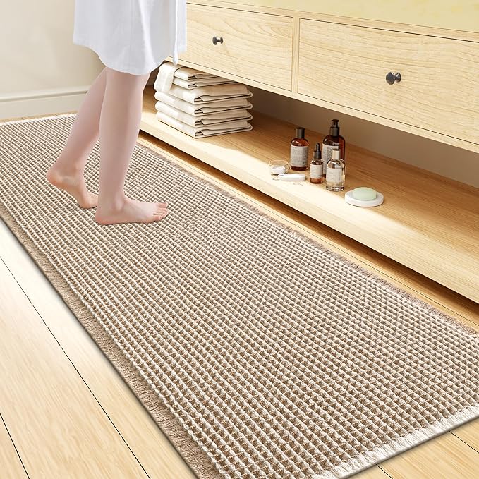 Smiry Waffle Bath Mat 72x24, Extra Soft Absorbent Bathroom Rugs, Non Slip Machine Washable Quick Dry Bath Rugs for Bathroom Floor, Tub, Shower, Home Decor Accessories, Brown & Cream